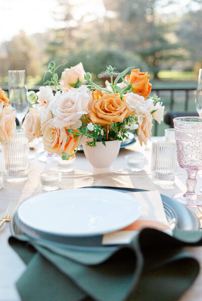 Gorgeous tablescape and peach florals. Taken by DC Wedding Photographer Bethany Aubre Photography.