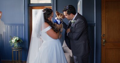 bride and groom loving on their dog