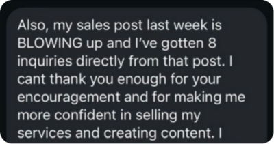 Screenshots showing client success stories from Jenna Harding’s marketing programs