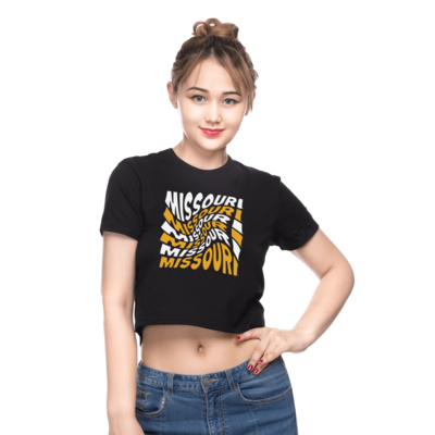 model wearing cropped black t shirt with missouri swirled letters