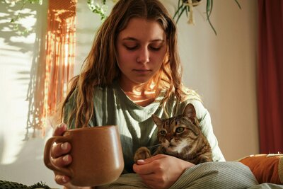 young woman with cat looks depressed