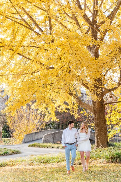 Engagement Session in Charlotte North Carolina. Carlie and Tevon pose underneath gorgeous bradford pear trees in full bloom.