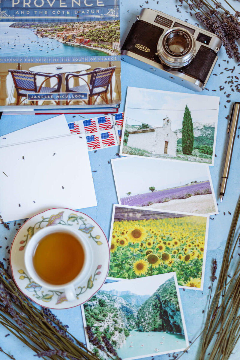 valensole lavender fields, provence sunflower fields, and verdon mountains shown in provence french postcards