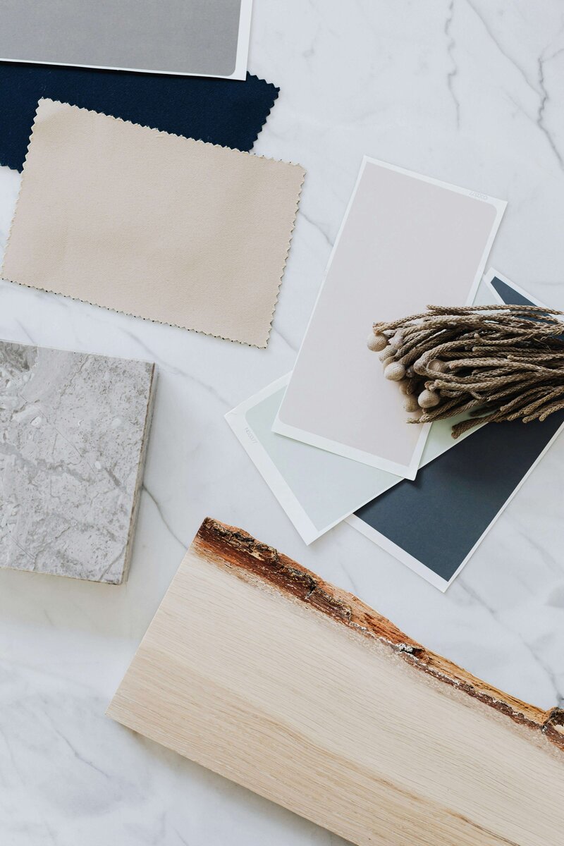 Flatlay of interior designer's samples and swatches