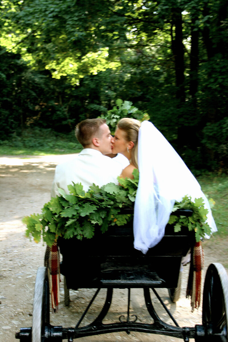 photo of bride and groom kissing in the horse carriage from private Birmingham wedding photographer archives