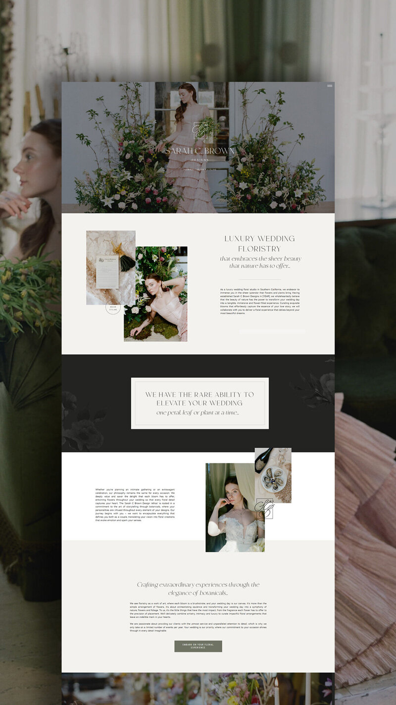 Long-form website design for Sarah C Brown Designs displayed over a background image