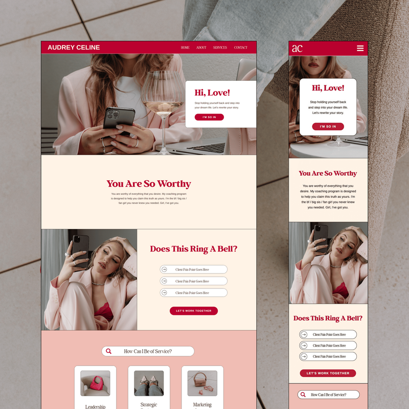 A screenshot of a coaching services landing page featuring the name "Audrey Celine." The page includes a call to action button labeled "I'M SO IN," a section titled "We Do Things Differently," and a section about the services offered. The background includes a motivational quote and a list of sweet treats.