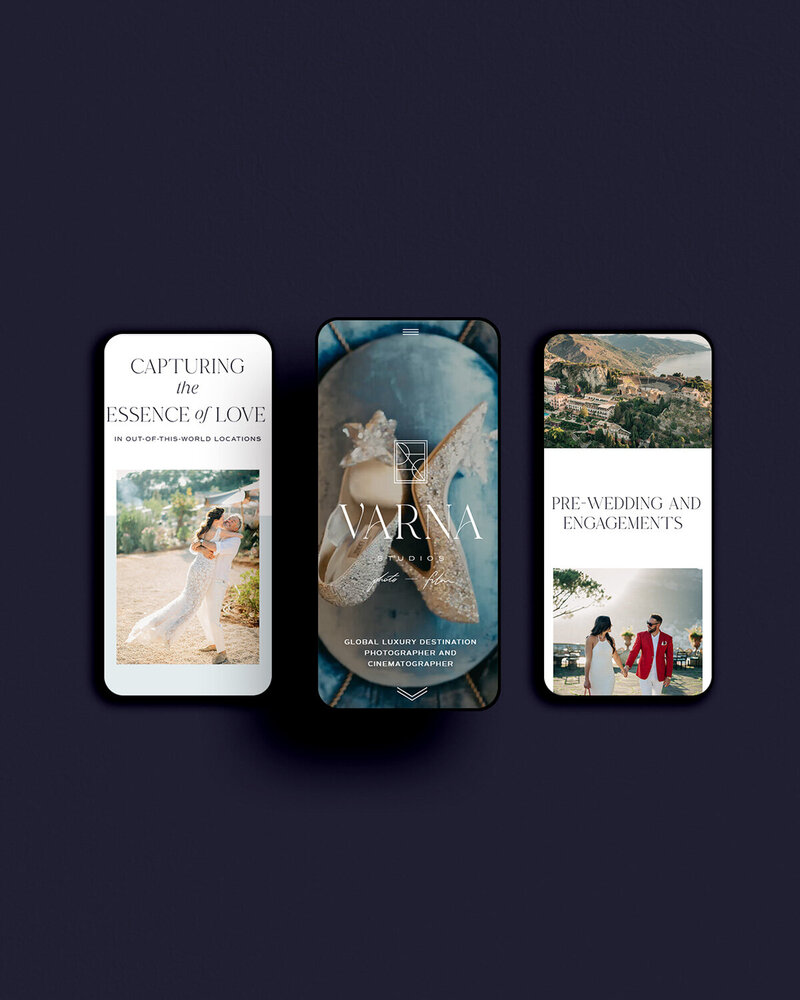 Mobile website mockup for Varna Studios shown across three phone screens
