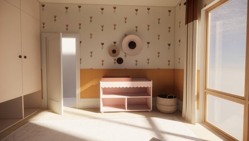 a mustard and floral nursery room, with a wooden cot and rocking chair