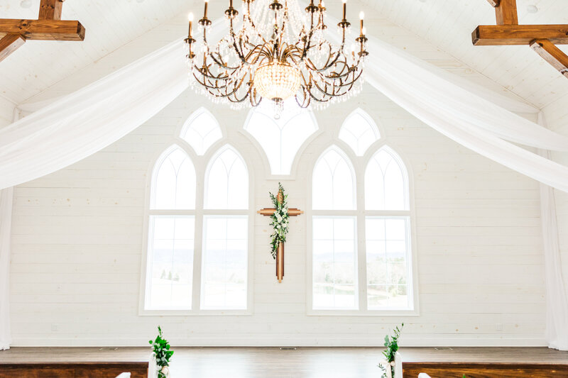 a chapel decorated for a wedding