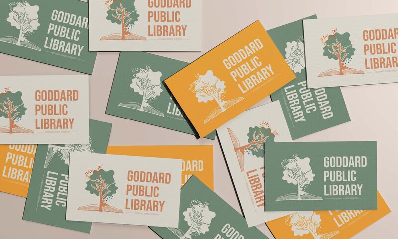 Goddard Public Library business cards showcasing main logo and worker information