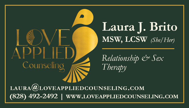This image shows the front side of Laura J. Brito's business card for Love Applied Counseling, which includes her contact information and the Love Applied Counseling primary logo.