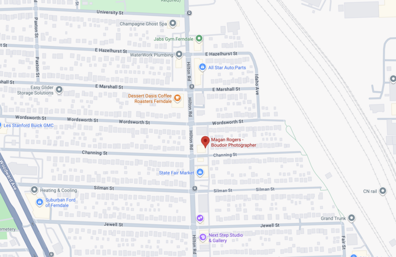 Map to Magan Rogers Boudoir Photography Studio in Ferndale, near Detroit, Michigan.
