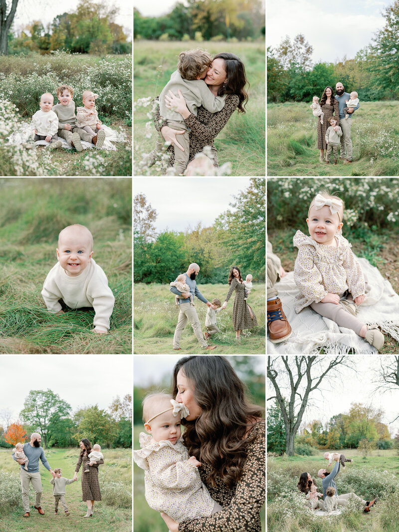 Beautiful grid of photos taken at a family photo session in a beautiful green field with flowers.