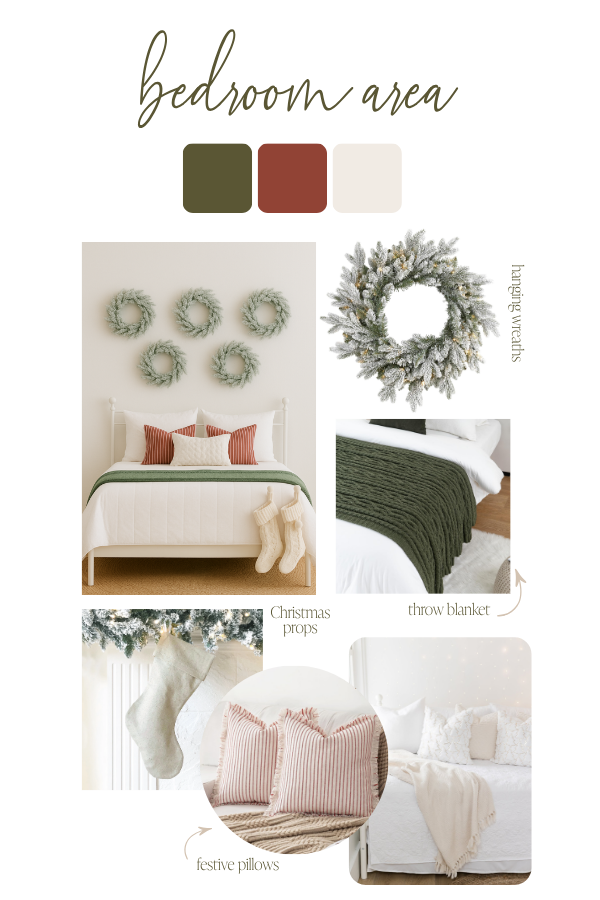 Cozy bedroom setup with wreaths and Christmas details.