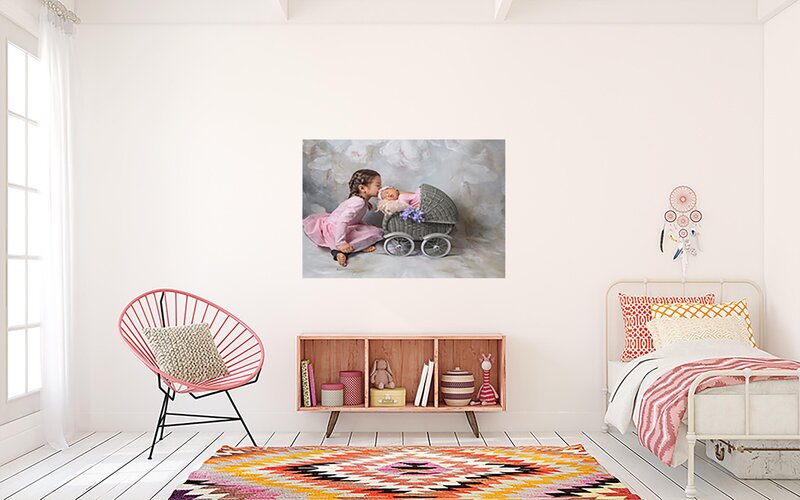 A fine art milestone portrait hangs in a luxury living room above a couch