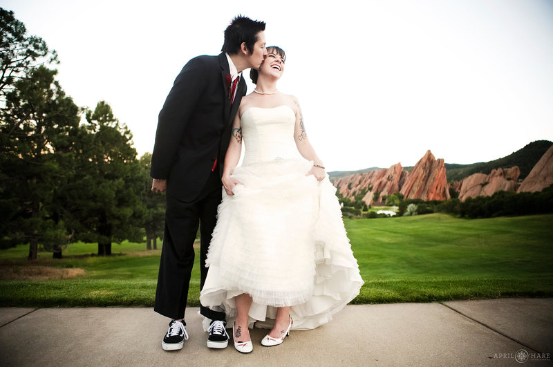 Cute wedding photo at Arrowhead Golf Course in Colorado
