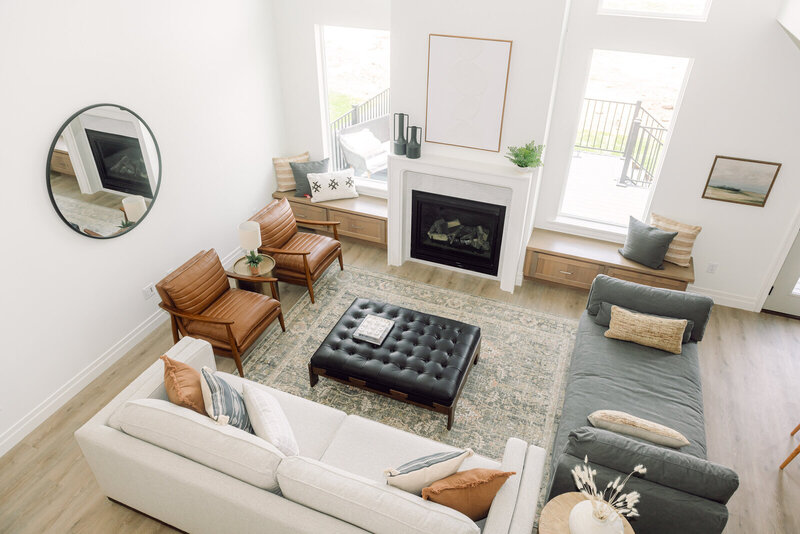 Overview of lounge showing sofas, chairs and coffee table.  High quality furniture available for local pickup in Lehi, Utah.