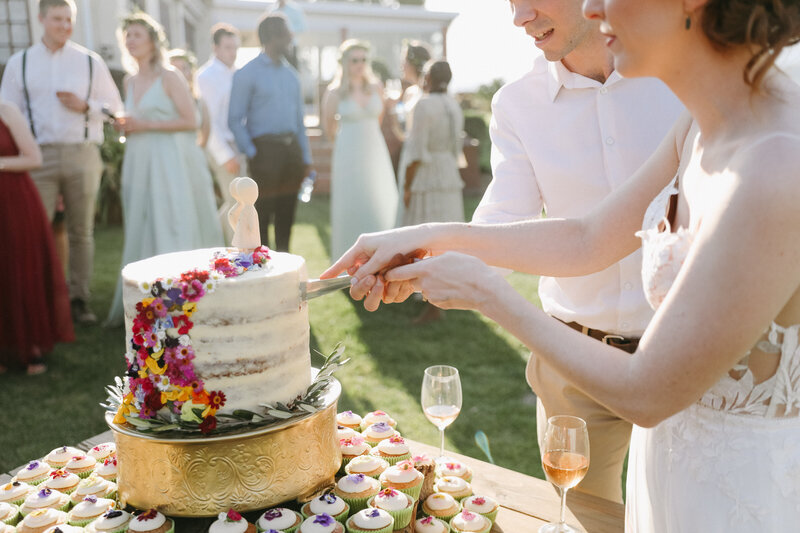 A bride and groom cut their wedding cake in the glow of their afternoon cocktail hour , the wedding guests look on 
