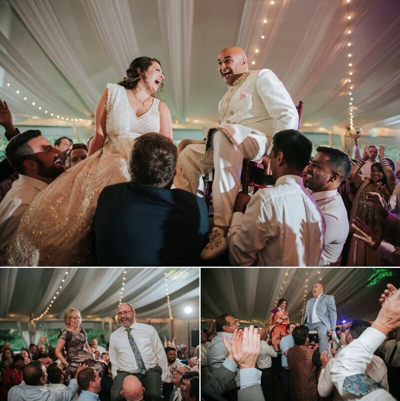 Bride and groom participating in the hora at their wedding in  Bartram's Garden in Philadelphia