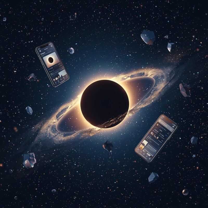 Smartphones flottant dans un univers cosmique autour d’un anneau lumineux, symbolisant la gestion des réseaux sociaux et le community management de Lili Créa Design à Saint-Nazaire