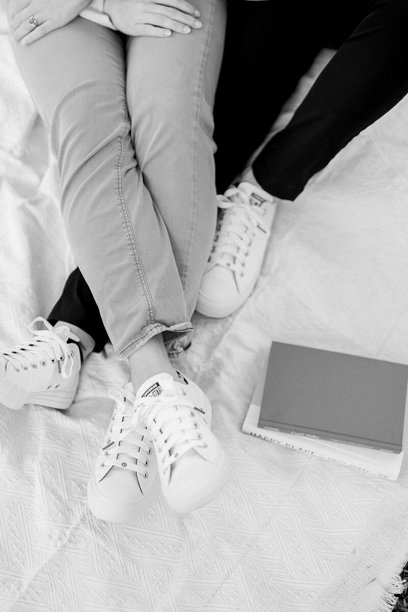 A black and white close-up of a couple sharing an intimate moment during their engagement session in California, captured by Tiffany Longeway Photography
