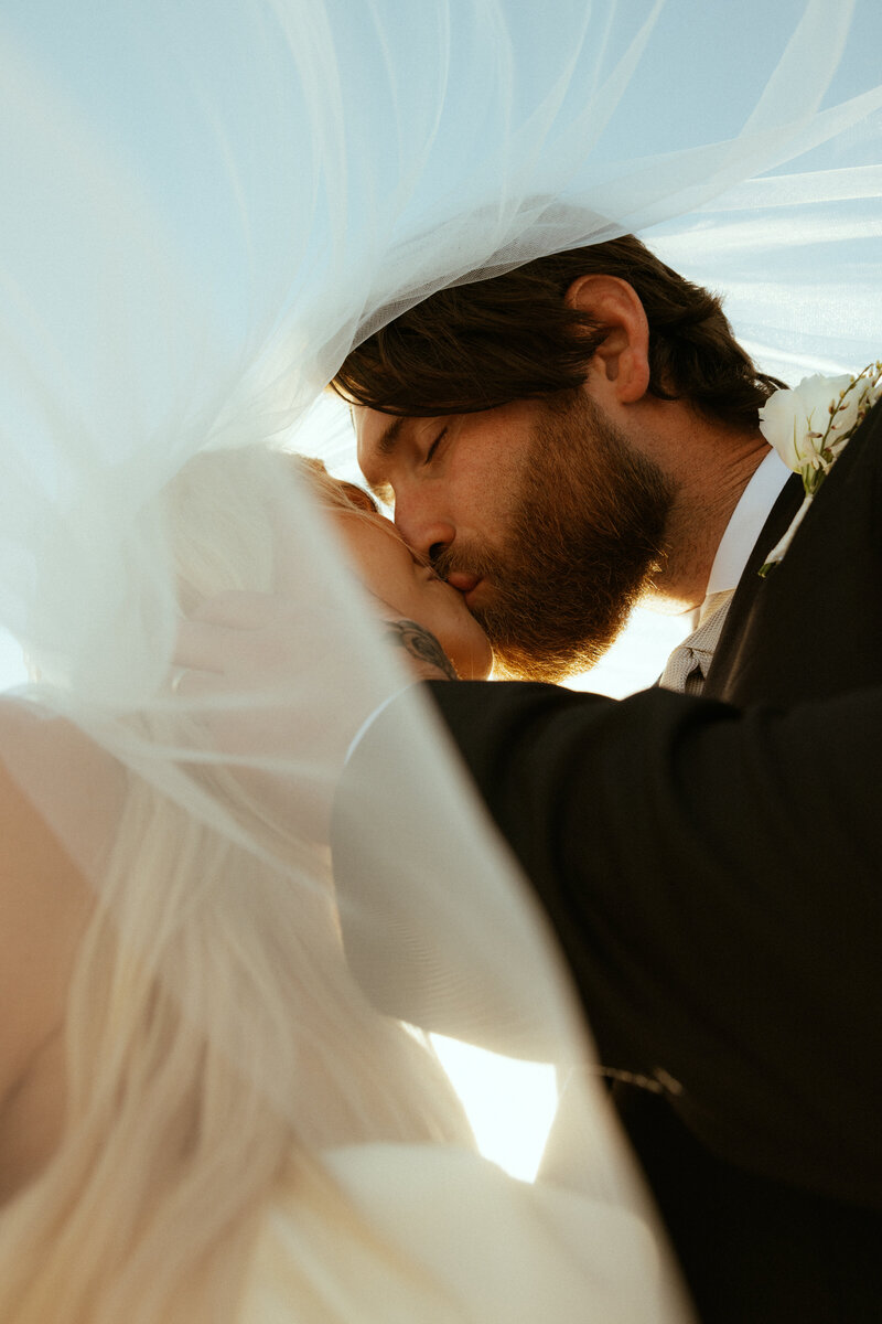 bride and groom kissing under veil