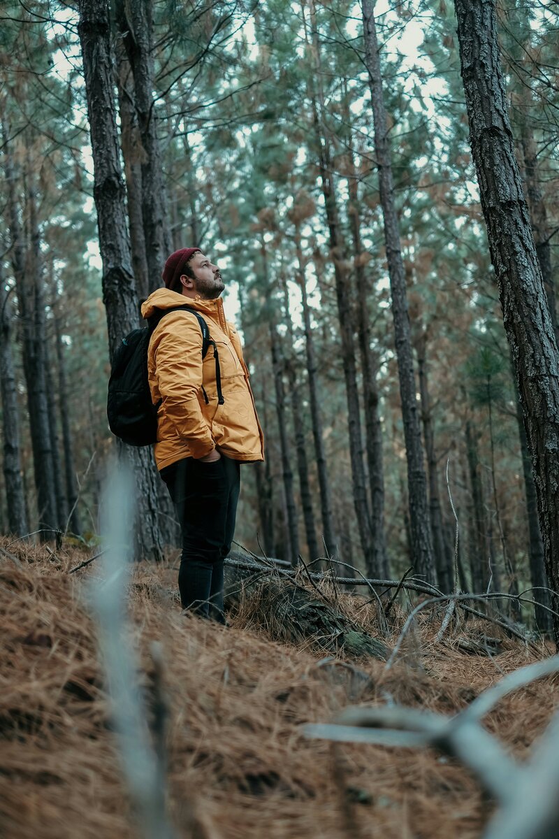 Man in yellow coat with black backpack standing in the forest looking up at the trees