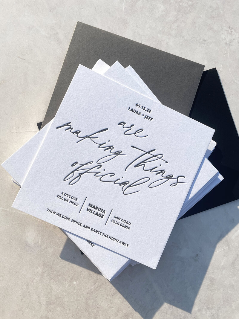 up close letterpress  modern script wedding invitations