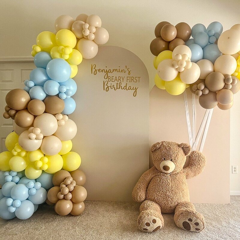 baby shower balloons and teddy bear - light blue, pale yellow, brown
