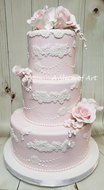pink fondant lace sugar flower cake