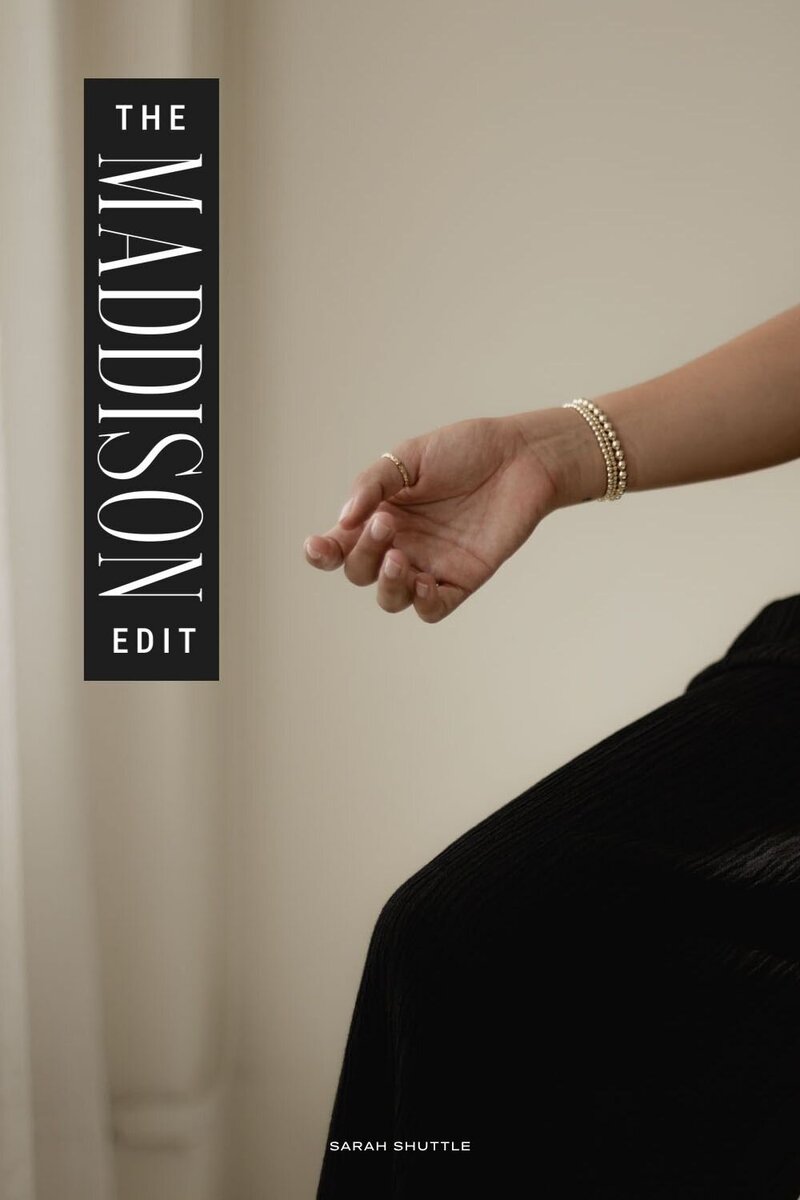 The Maddison Edit logo variation placed over a soft, editorial photo of a woman’s arm and leg, reflecting chic, fashion-inspired branding.