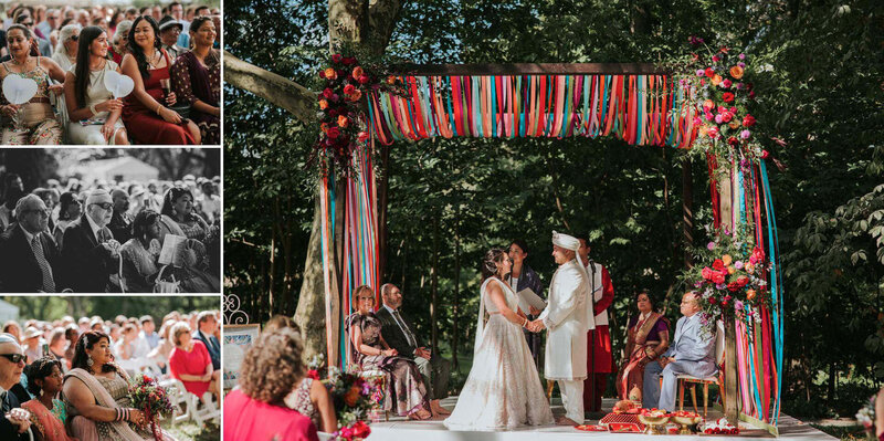 The bride and groom pose under the floral mandap. at  Bartram's Garden in Philadelphia.