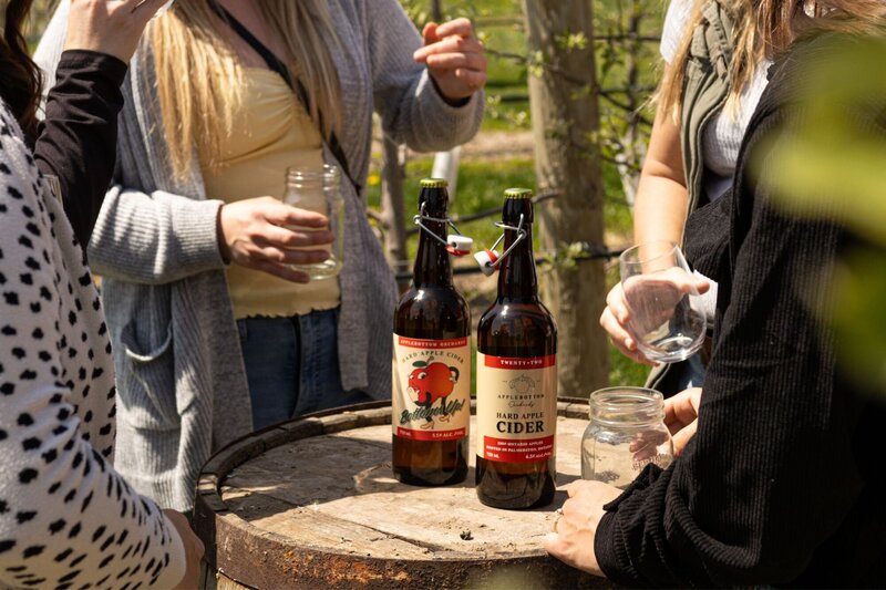 A group of women sharing memories around a barrel table while sipping on Applebottom Orchard Hard Cider.