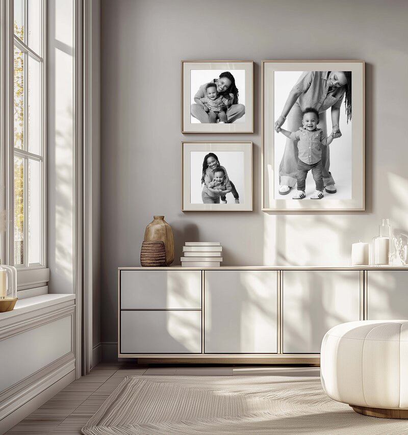 Framed Family Photography printed to decorate your walls with high quality photography products. Photos taken at Woodstock Photo Studio by Jenni Nikki Photography.