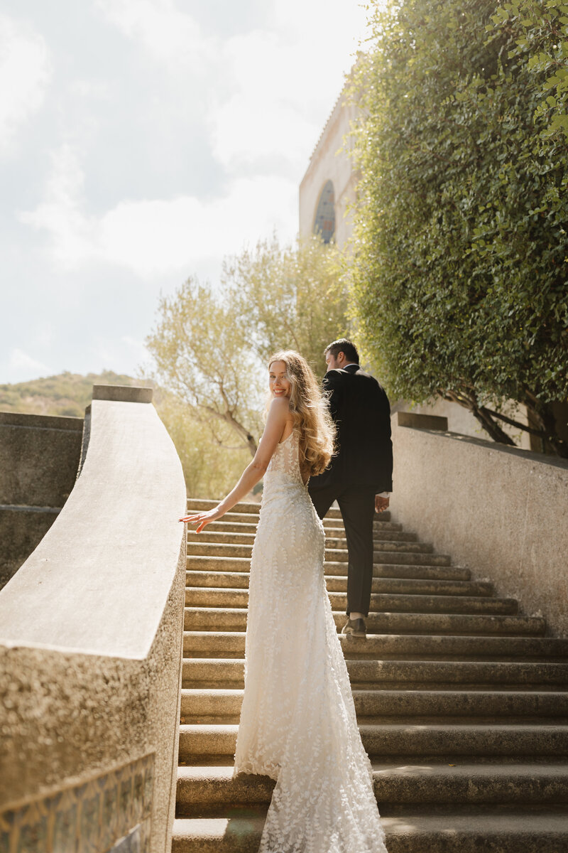 Couple walking up the stairs at the Wrigley Memorial on Catalina Island