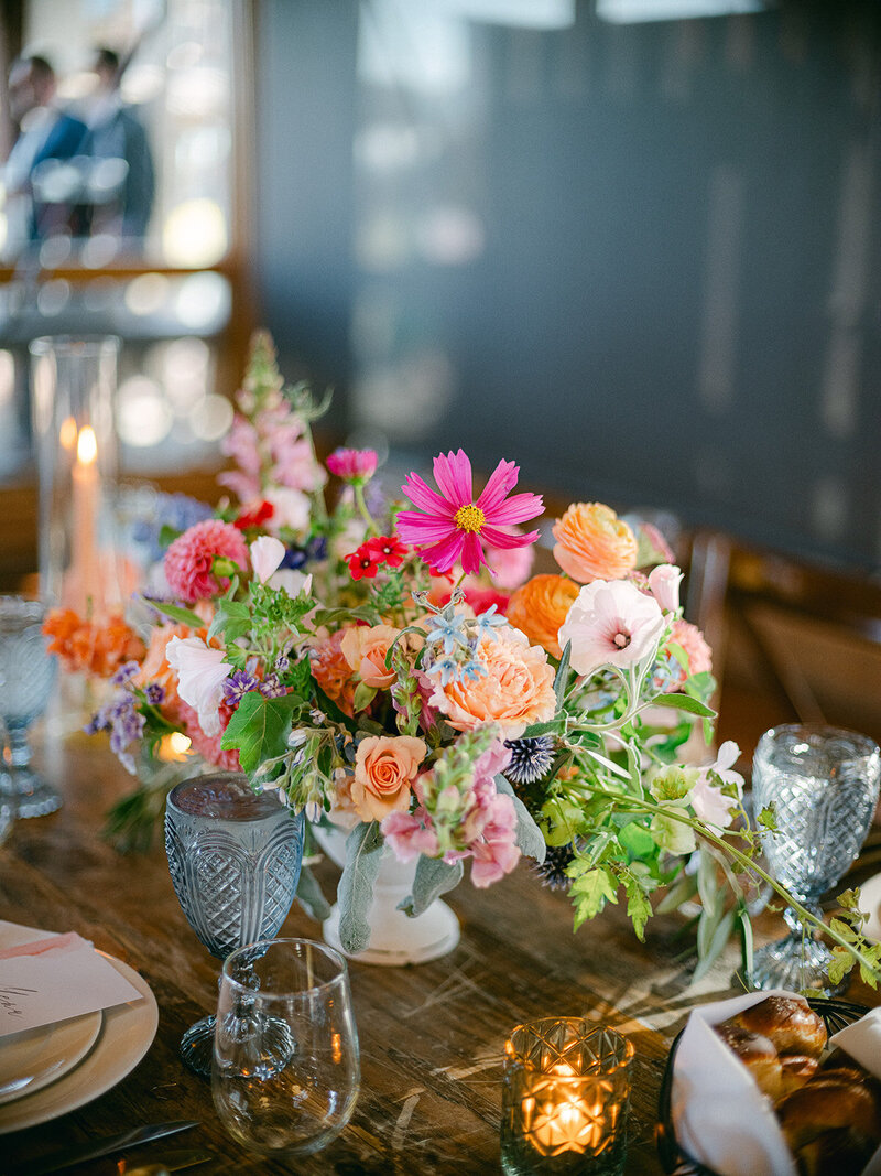 Colorful fresh local flowers in a wedding arrangement.