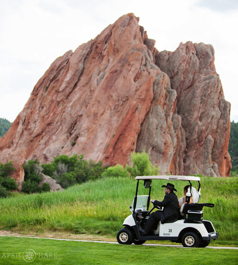 Riding golf carts for wedding photo backdrops at Arrowhead Golf Course