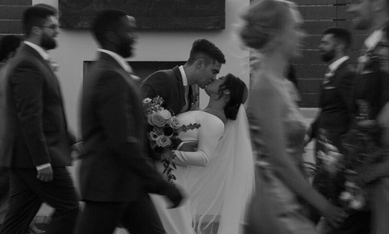 Bride and groom walk up memorial steps at their DC wedding