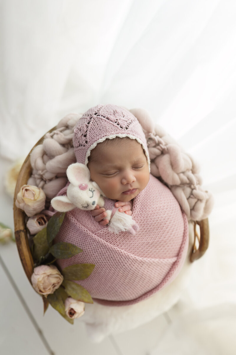 A delicate newborn girl styled in soft pinks with a felt mouse toy and vintage lace bonnet.