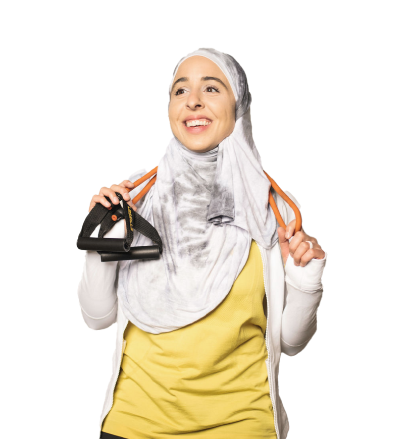 Fitness hijabi coach Hanan posing with fitness gear
