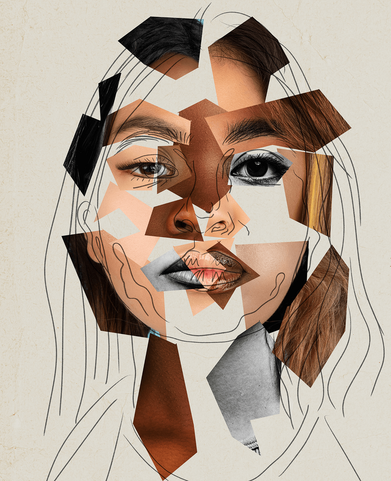 Collage of a woman's face with diverse skin tones and textures, combining geometric shapes and sketch lines. It conveys unity, diversity, and complexity.