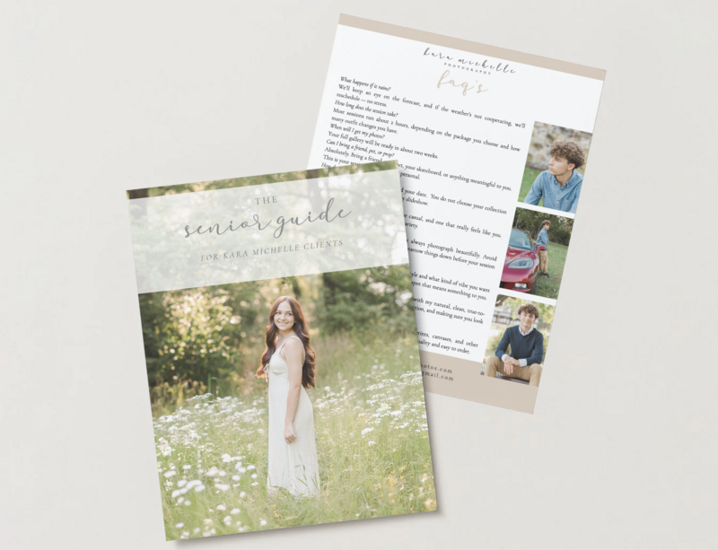 front cover ane one page of a senior guide template for photograpers