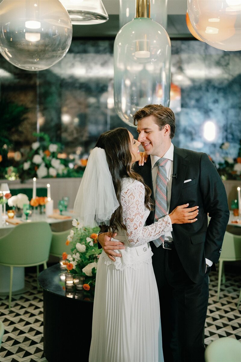 Contemporary Fall Wedding with Peach-Emerald Color Palette at the Renowned Designer Restaurant, Detroit MI