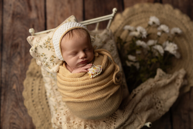 Soft golden tones and floral textures give this newborn portrait a timeless, handcrafted feel full of warmth and elegance.