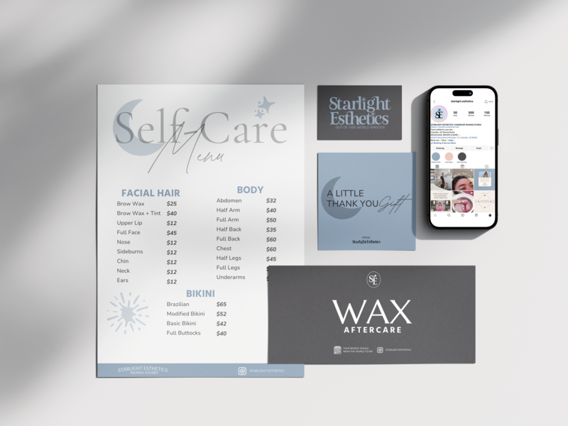Moody blue celestial brand design for an esthetician and wax studio.