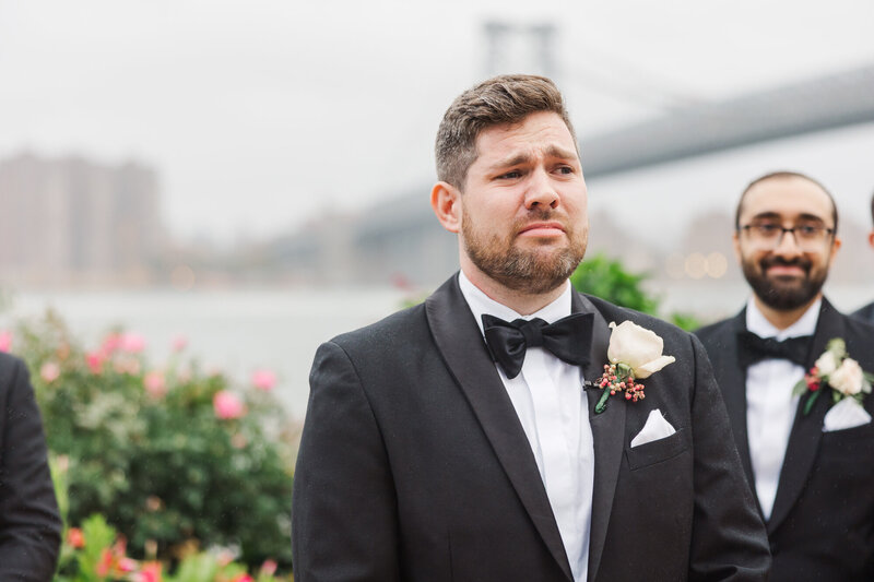 Groom crying when seeing his bride captured by Hudson Valley wedding photographers