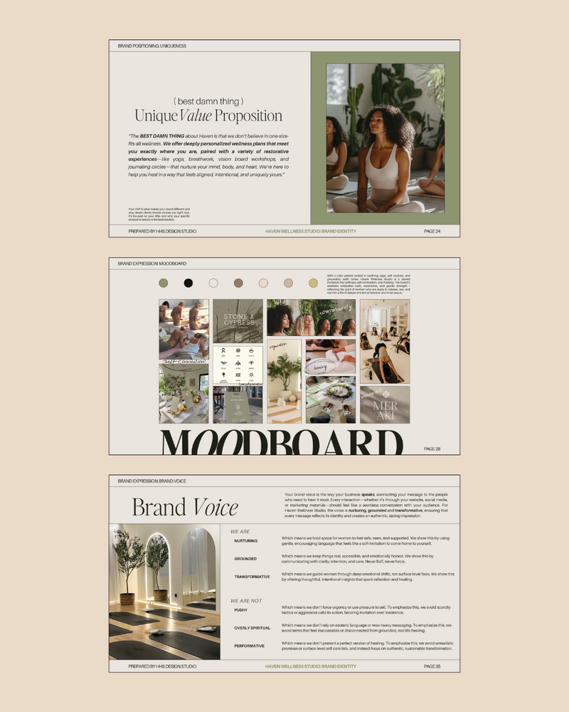 Brand moodboard and visual direction for Haven Wellness Studio by Her Higher Standard Design Studio, showcasing grounded femininity, soft visuals, and brand strategy clarity.