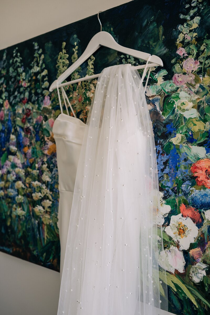 wedding dress and pearl studded veil hang on oil painting in waipara airbnb