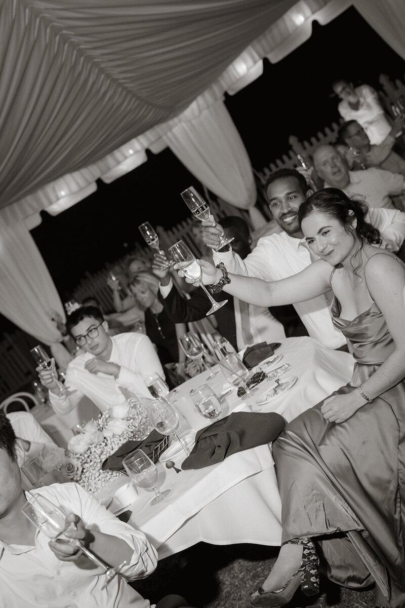 wedding reception guests cheers with champagne glasses
